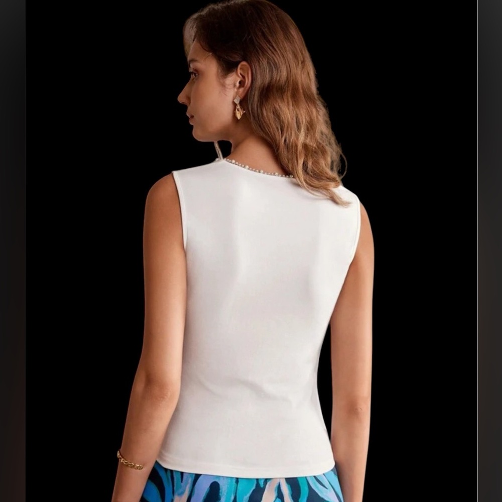 Pearl trim top sleevesless tank rhinestone beaded neckline stretch white spring - Picture 6 of 11